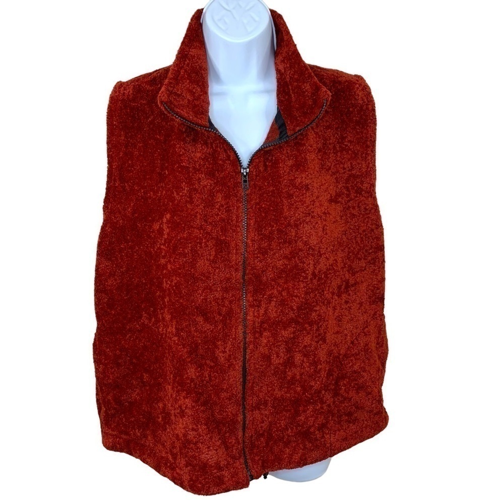 M Burgundy Red Faux Fur Sleeveless Vest Silver Thread Outerwear Medium Zip